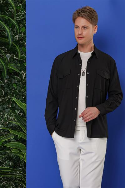 Comfort Fit Kapaklı Cep Çıtçıtlı Esnek Pamuk Siyah Gömlek Ceket G 1552