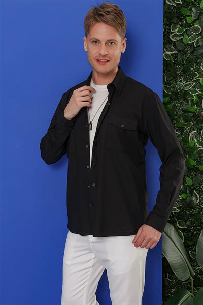Comfort Fit Kapaklı Cep Çıtçıtlı Esnek Pamuk Siyah Gömlek Ceket G 1552