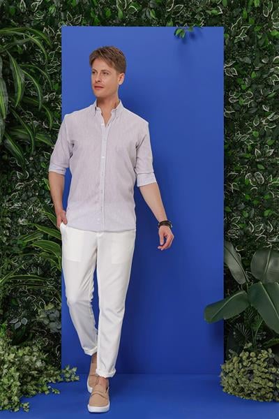 Slim Fit Katlamalı Kol Yaka Düğmeli %100 Keten Açık Gri Gömlek G 1554