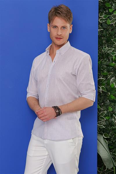 Slim Fit Katlamalı Kol Yaka Düğmeli %100 Keten Açık Gri Gömlek G 1554
