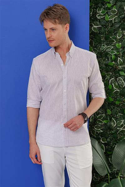 Slim Fit Katlamalı Kol Yaka Düğmeli %100 Keten Açık Gri Gömlek G 1554