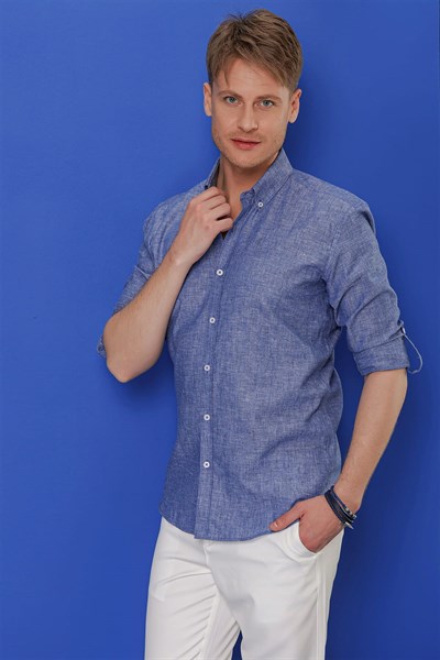 G 1554 Slim Fit İndigo Klasik Gömlek