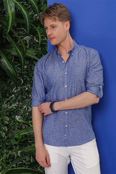 G 1554 Slim Fit İndigo Klasik Gömlek