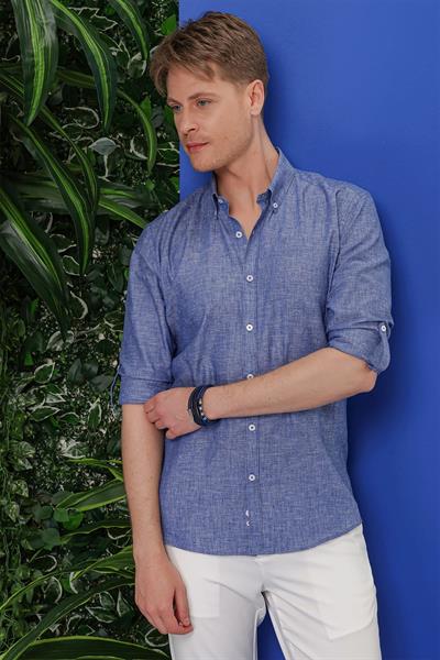G 1554 Slim Fit İndigo Klasik Gömlek