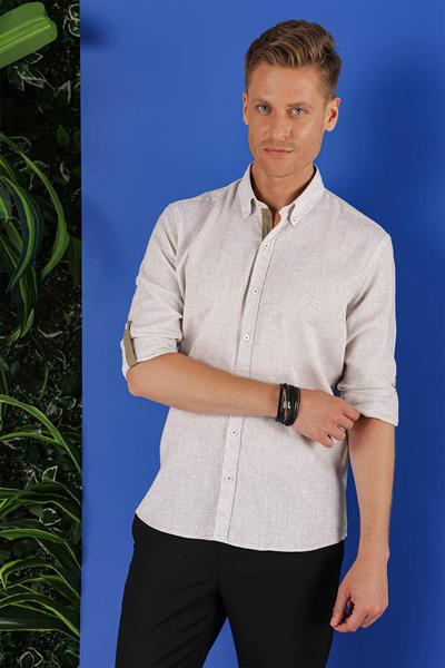 G 1555 Slim Fit Bej Klasik Gömlek