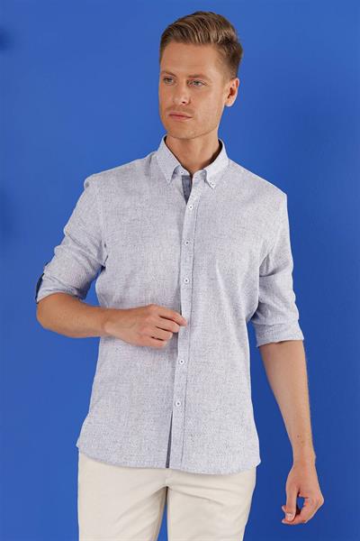 Slim Fit Doku Desenli Yaka Düğmeli %100 Keten Koyu Mavi Gömlek G 1555
