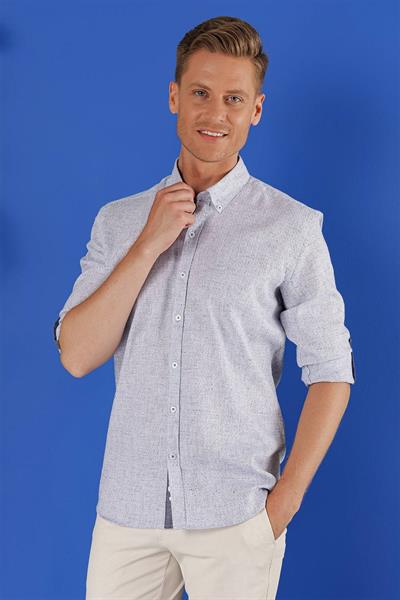Slim Fit Doku Desenli Yaka Düğmeli %100 Keten Koyu Mavi Gömlek G 1555