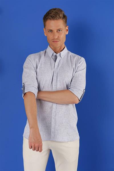 Slim Fit Doku Desenli Yaka Düğmeli %100 Keten Koyu Mavi Gömlek G 1555