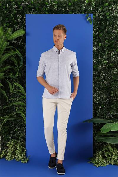 Slim Fit Doku Desenli Yaka Düğmeli %100 Keten Koyu Mavi Gömlek G 1555