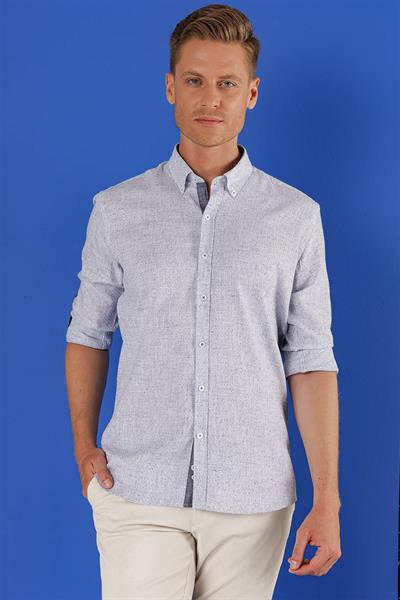 Slim Fit Doku Desenli Yaka Düğmeli %100 Keten Koyu Mavi Gömlek G 1555