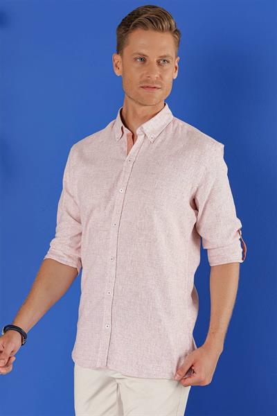 Slim Fit Doku Desenli Yaka Düğmeli %100 Keten Mercan Gömlek G 1555