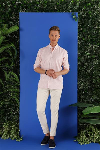 Slim Fit Doku Desenli Yaka Düğmeli %100 Keten Mercan Gömlek G 1555