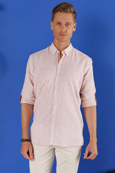 Slim Fit Doku Desenli Yaka Düğmeli %100 Keten Mercan Gömlek G 1555