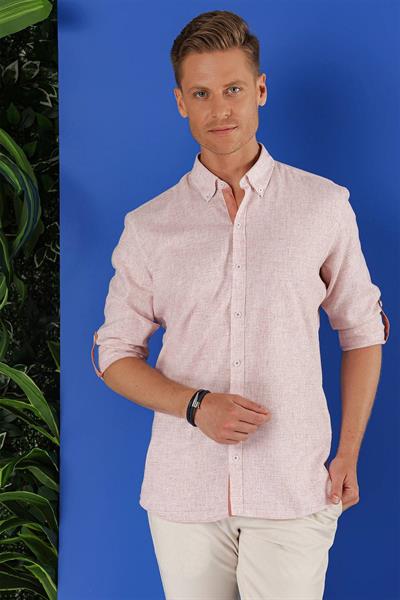 Slim Fit Doku Desenli Yaka Düğmeli %100 Keten Mercan Gömlek G 1555