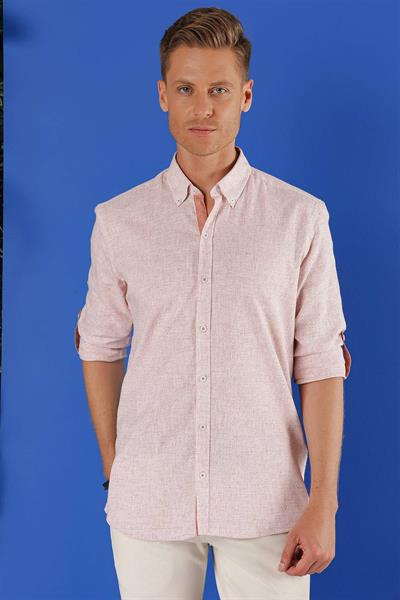 Slim Fit Doku Desenli Yaka Düğmeli %100 Keten Mercan Gömlek G 1555