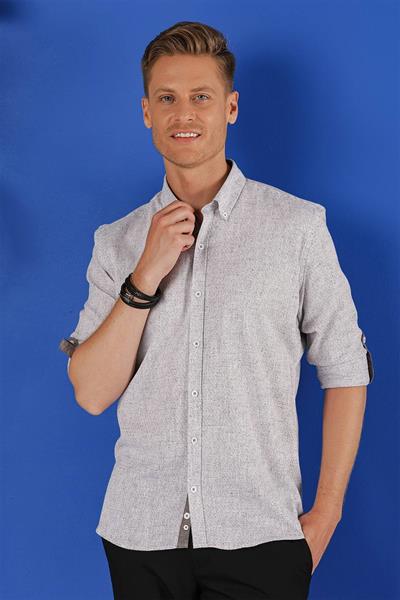 Slim Fit Doku Desenli Yaka Düğmeli %100 Keten Vizon Gömlek G 1555