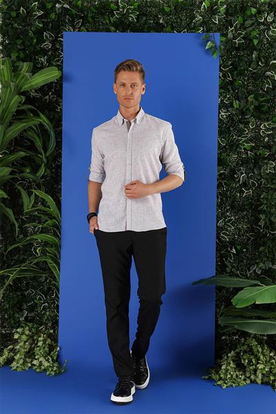 Slim Fit Doku Desenli Yaka Düğmeli %100 Keten Vizon Gömlek G 1555