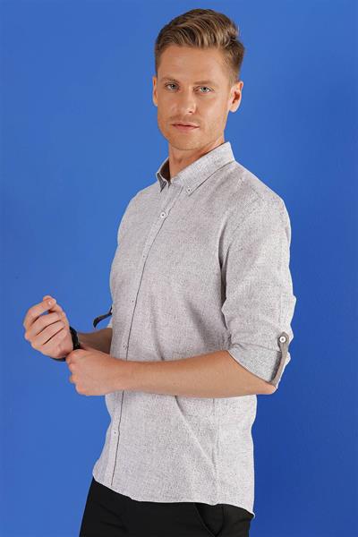 Slim Fit Doku Desenli Yaka Düğmeli %100 Keten Vizon Gömlek G 1555