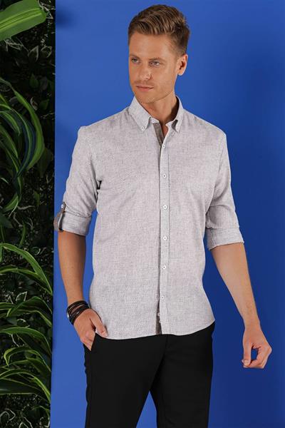 Slim Fit Doku Desenli Yaka Düğmeli %100 Keten Vizon Gömlek G 1555
