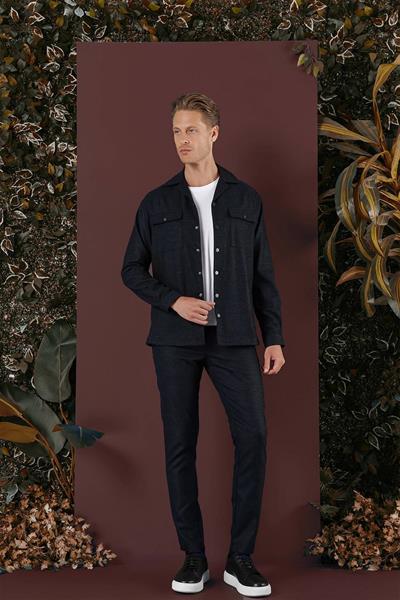Slim Fit Yan Cepli Çıtçıtlı Apaş Yaka Lacivert Gömlek Ceket G 1560