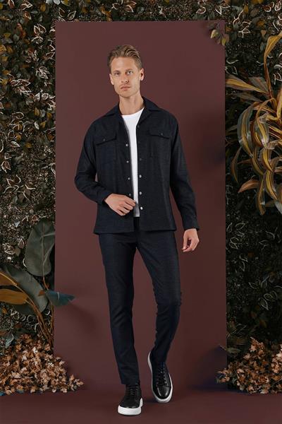 Slim Fit Yan Cepli Çıtçıtlı Apaş Yaka Lacivert Gömlek Ceket G 1560