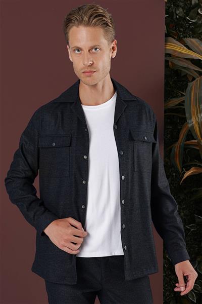 Slim Fit Yan Cepli Çıtçıtlı Apaş Yaka Lacivert Gömlek Ceket G 1560