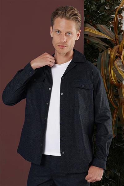 Slim Fit Yan Cepli Çıtçıtlı Apaş Yaka Lacivert Gömlek Ceket G 1560