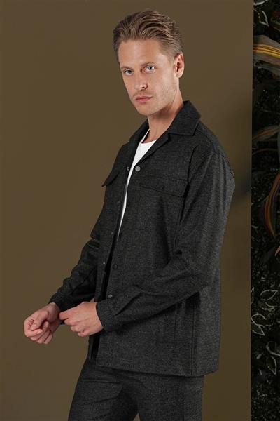 Slim Fit Yan Cepli Çıtçıtlı Apaş Yaka Siyah Gömlek Ceket G 1560