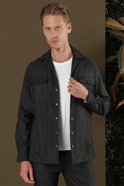 Slim Fit Yan Cepli Çıtçıtlı Apaş Yaka Siyah Gömlek Ceket G 1560