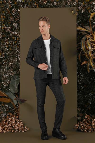 Slim Fit Yan Cepli Çıtçıtlı Apaş Yaka Siyah Gömlek Ceket G 1560