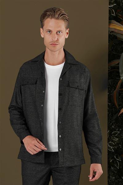 Slim Fit Yan Cepli Çıtçıtlı Apaş Yaka Siyah Gömlek Ceket G 1560