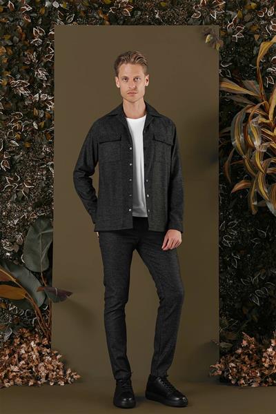 Slim Fit Yan Cepli Çıtçıtlı Apaş Yaka Siyah Gömlek Ceket G 1560