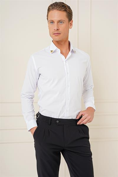 Slim Fit Yaka Ucu Demir Tasarımlı Esnek Pamuk Beyaz Gömlek G 1577