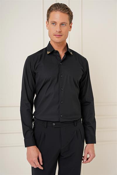 Slim Fit Yaka Ucu Demir Tasarımlı Esnek Pamuk Siyah Gömlek G 1577