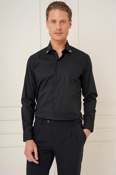 Slim Fit Yaka Ucu Demir Tasarımlı Esnek Pamuk Siyah Gömlek G 1577