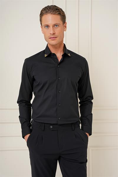 Slim Fit Yaka Ucu Demir Tasarımlı Esnek Pamuk Siyah Gömlek G 1577