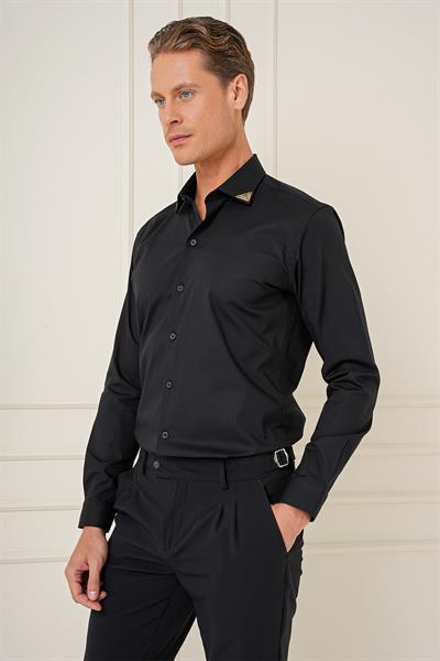 Slim Fit Yaka Ucu Demir Tasarımlı Esnek Pamuk Siyah Gömlek G 1577