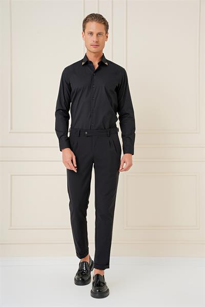 Slim Fit Yaka Ucu Demir Tasarımlı Esnek Pamuk Siyah Gömlek G 1577