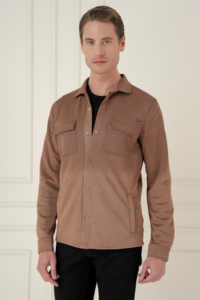 Slim Fit Yan Cep Degrade Desenli Çıtçıtlı Pamuklu Camel Gömlek Ceket G 1578