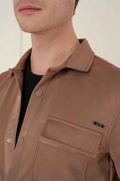 Slim Fit Yan Cep Degrade Desenli Çıtçıtlı Pamuklu Camel Gömlek Ceket G 1578