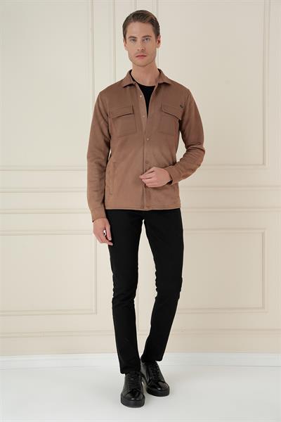 Slim Fit Yan Cep Degrade Desenli Çıtçıtlı Pamuklu Camel Gömlek Ceket G 1578