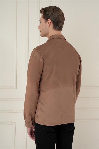 Slim Fit Yan Cep Degrade Desenli Çıtçıtlı Pamuklu Camel Gömlek Ceket G 1578