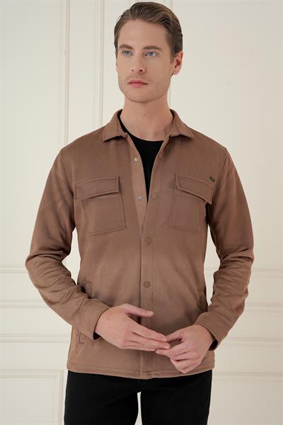 Slim Fit Yan Cep Degrade Desenli Çıtçıtlı Pamuklu Camel Gömlek Ceket G 1578