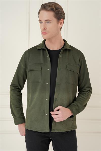 Slim Fit Yan Cep Degrade Desenli Çıtçıtlı Pamuklu Haki Gömlek Ceket G 1578