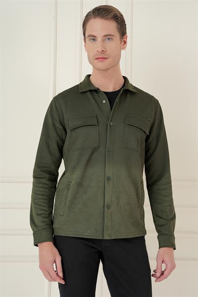 Slim Fit Yan Cep Degrade Desenli Çıtçıtlı Pamuklu Haki Gömlek Ceket G 1578