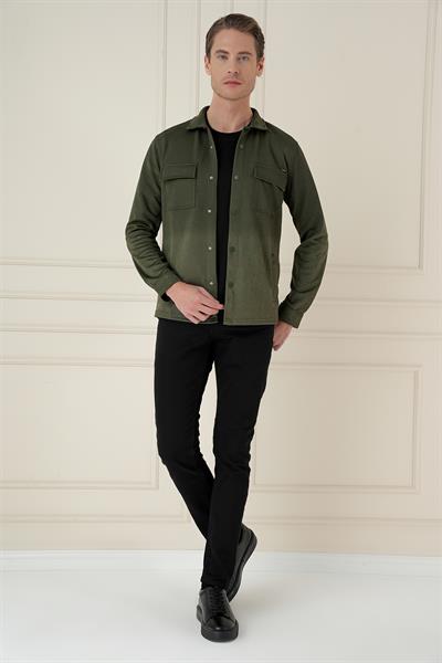 Slim Fit Yan Cep Degrade Desenli Çıtçıtlı Pamuklu Haki Gömlek Ceket G 1578