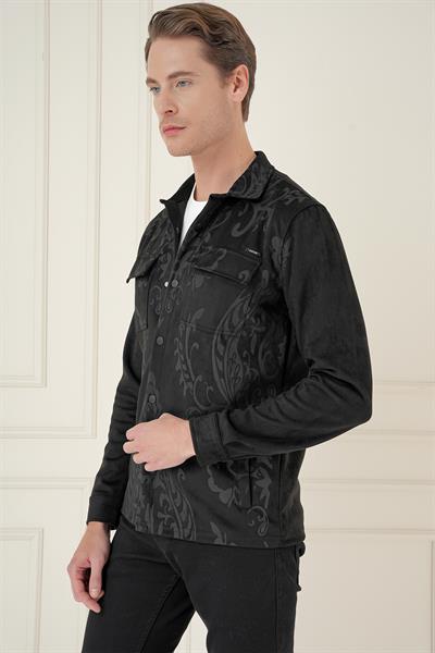 Slim Fit Yan Cep Etnik Desenli Çıtçıtlı Pamuklu Siyah Gömlek Ceket G 1578