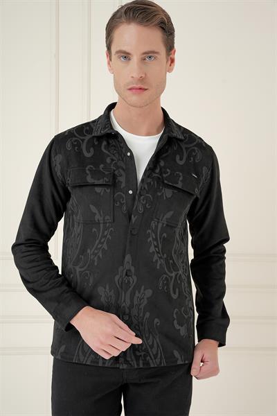 Slim Fit Yan Cep Etnik Desenli Çıtçıtlı Pamuklu Siyah Gömlek Ceket G 1578