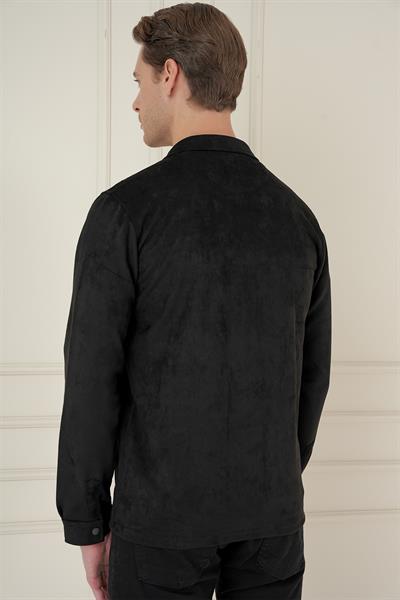 Slim Fit Yan Cep Etnik Desenli Çıtçıtlı Pamuklu Siyah Gömlek Ceket G 1578