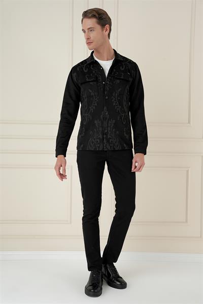 Slim Fit Yan Cep Etnik Desenli Çıtçıtlı Pamuklu Siyah Gömlek Ceket G 1578